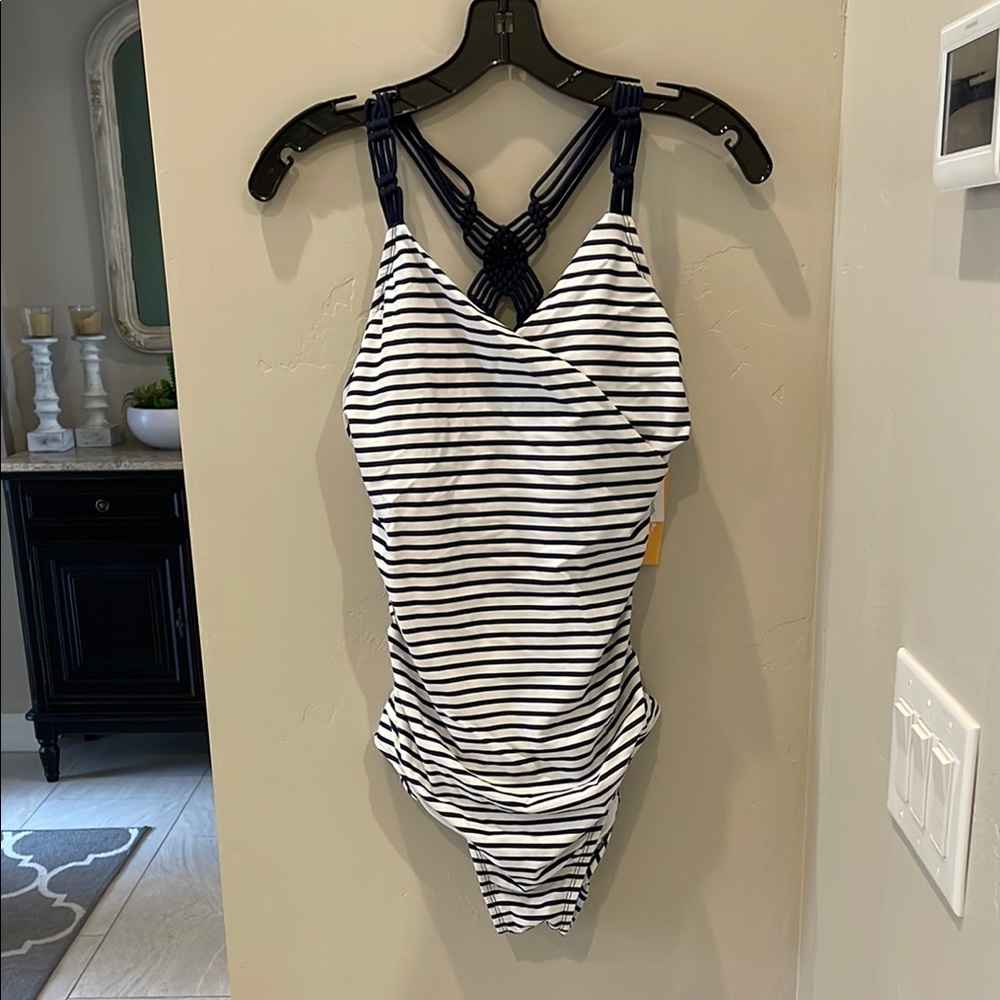 NWT Navy Striped Women’s One Piece Swimsuit size L 12-14
